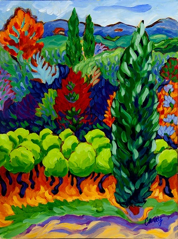 provence painting,colourist, jazzy,luberon,fields, olives, cypresses
