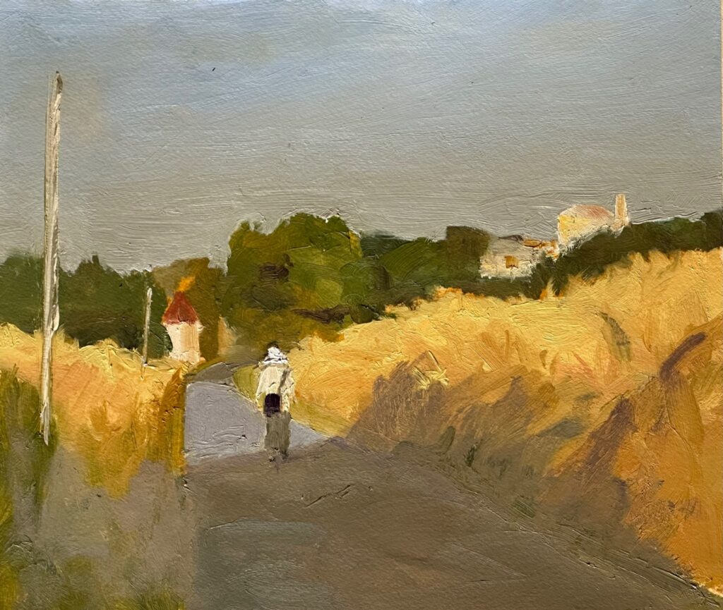 oil painting,walking road,shadows,student,painting workshops