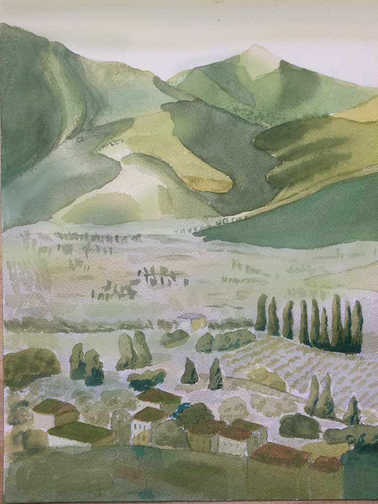 green,hills,watercolour,student,intermediate