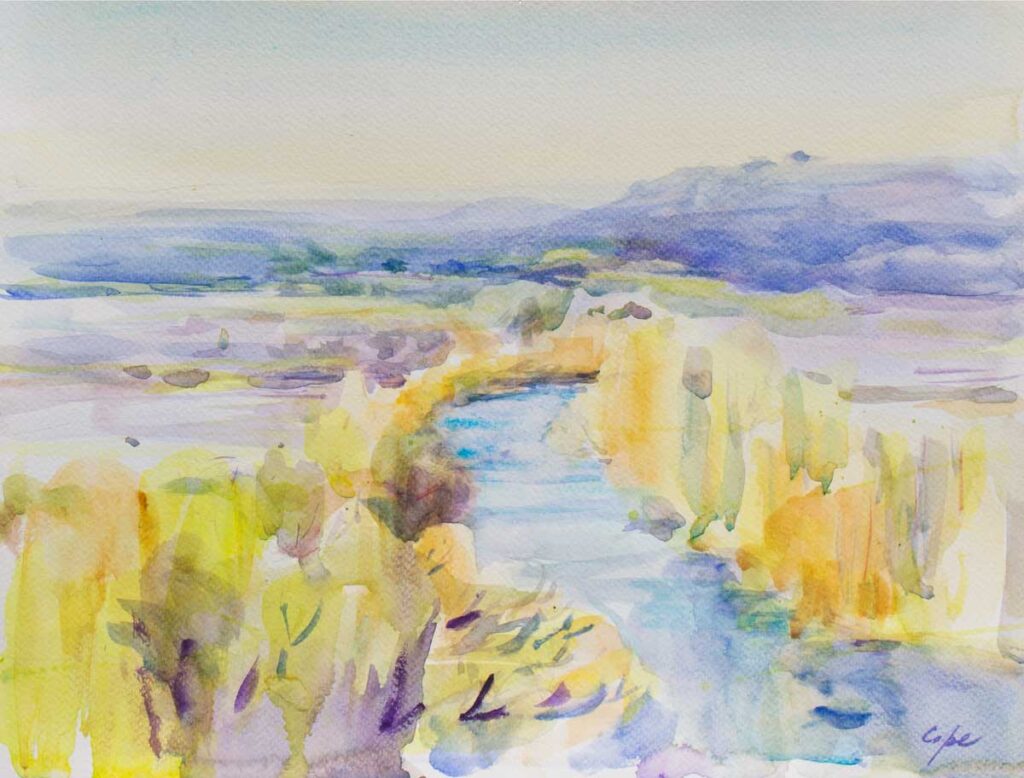 he SAquarelle, watercolour, colourist, plein air,shimmering River, Limeuil