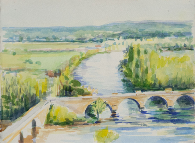 two-bridges-limeuil,dordogne, aquarelle,confluence,