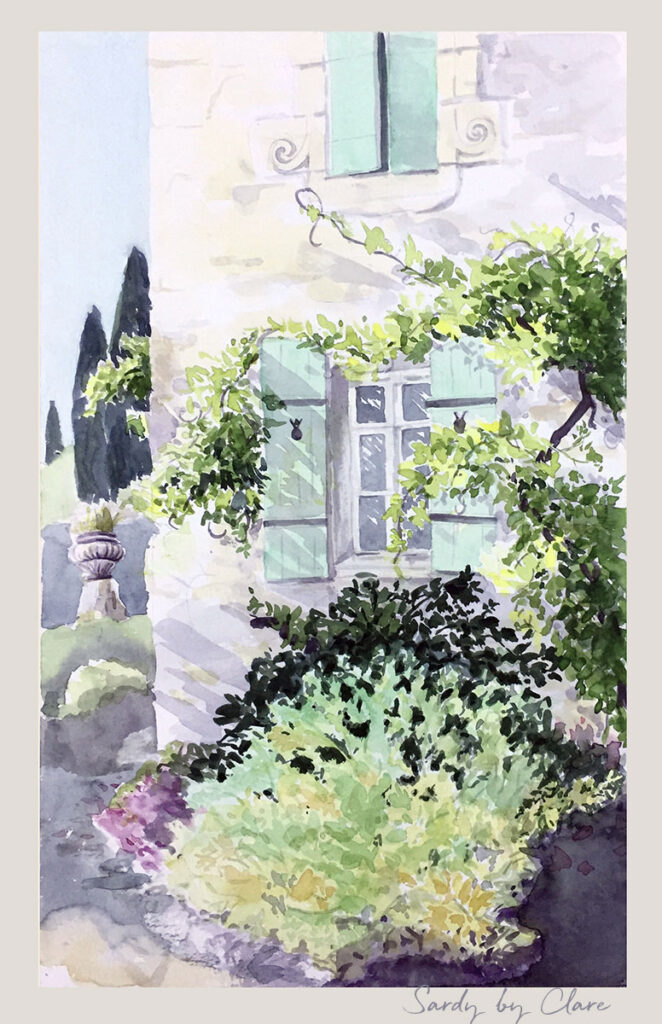 Aquralle, volets,jardin,Sardy, October,  Watercolour by Clare
