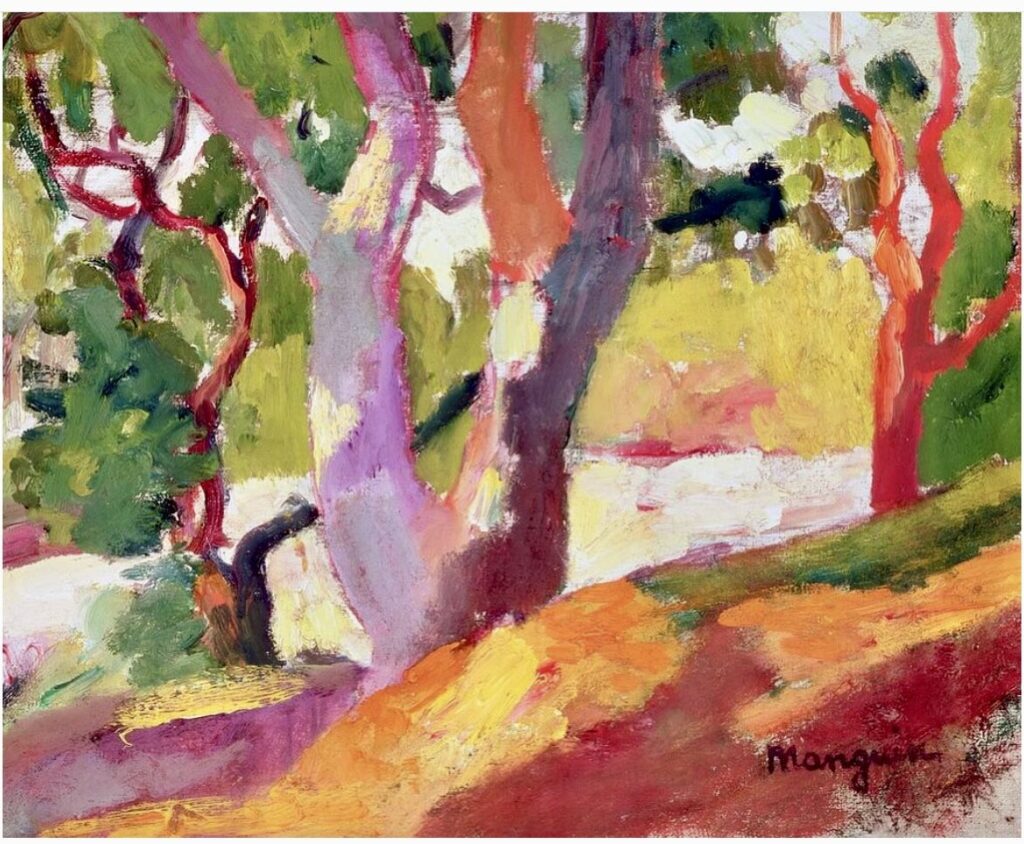 Red fauve colorist plein-airstudy by Manguin of tree trunks in wild colours