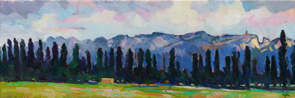 oil painting,Alpilles, Panorama,long view,cypresses,plein-air,mountains,provence