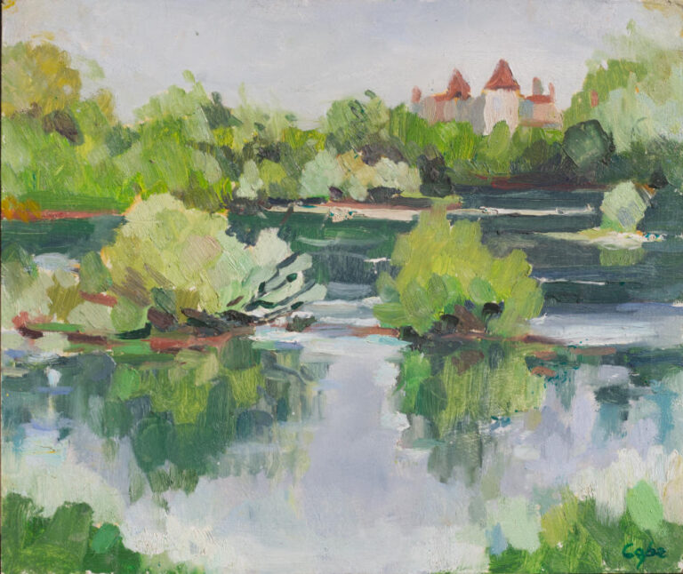 tableau huile,art, plein-air, dordogne, riviere,pessac sur dordogne, verte,cheate;eau,reflets
