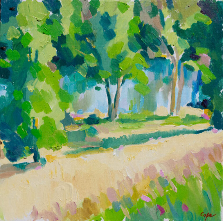 oil painting,dordorne,river,high gress, sweet pea, flower,meadown pois de senteur, evening light, green in painting
