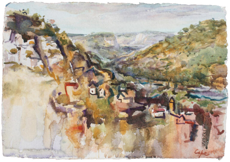 aquarelle,vallée du Célé,texture, falaise,